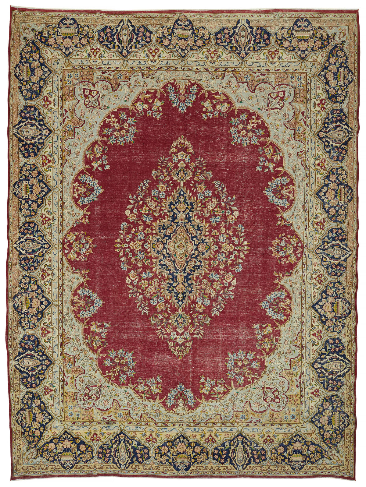 Rusvo Kırmızı Madalyon Desenli Vintage Yün El Dokuma Halı 295x390 cm