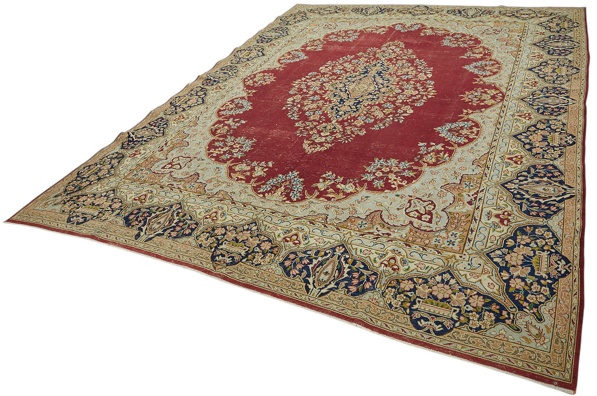 Rusvo Kırmızı Madalyon Desenli Vintage Yün El Dokuma Halı 295x390 cm – doku yakın çekim