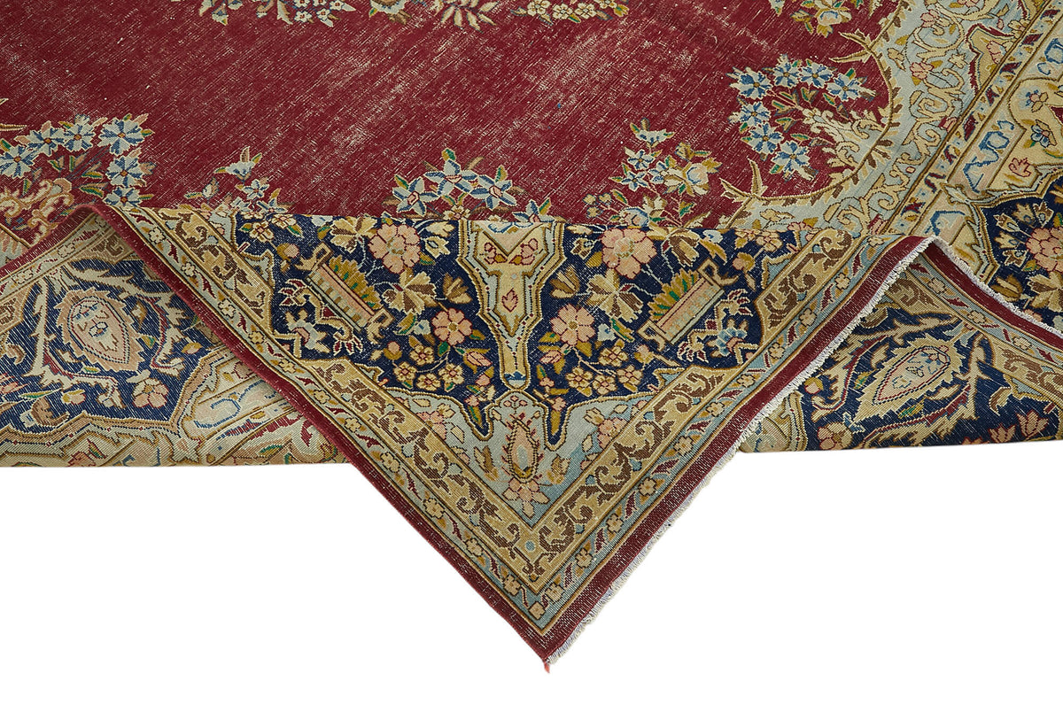 Rusvo Kırmızı Madalyon Desenli Vintage Yün El Dokuma Halı 295x390 cm – kenar detayı