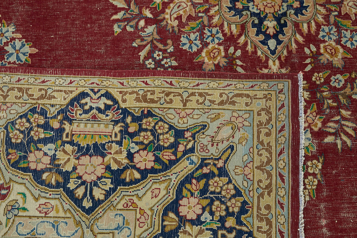 Rusvo Kırmızı Madalyon Desenli Vintage Yün El Dokuma Halı 295x390 cm – arka yüz görünümü