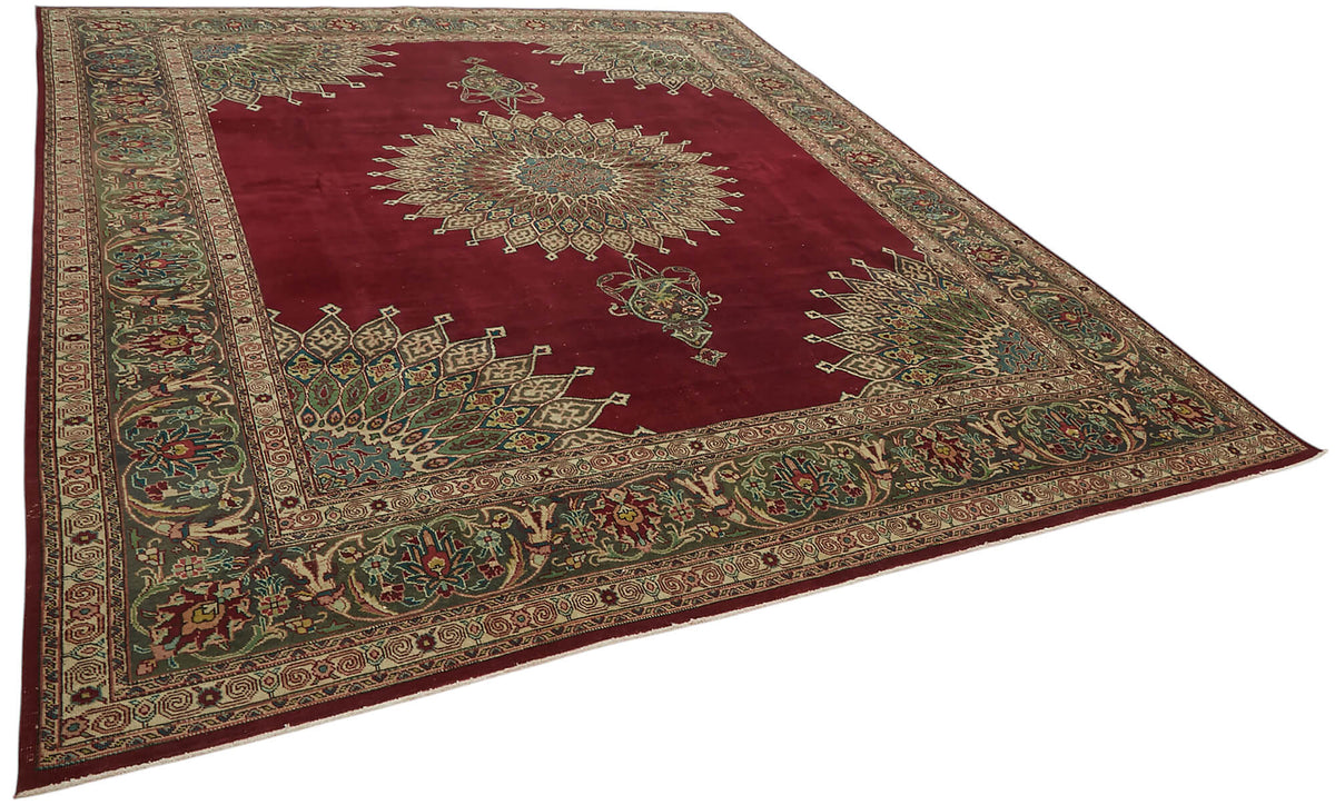 Rusvo Bordo Bej Madalyon Desenli Vintage El Dokuma Halı 290x365 cm – genel görünüm