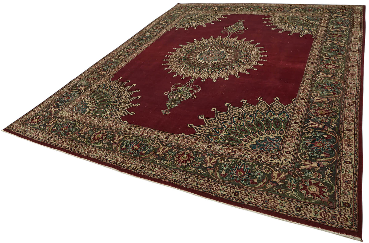 Rusvo Bordo Bej Madalyon Desenli Vintage El Dokuma Halı 290x365 cm – doku yakın çekim