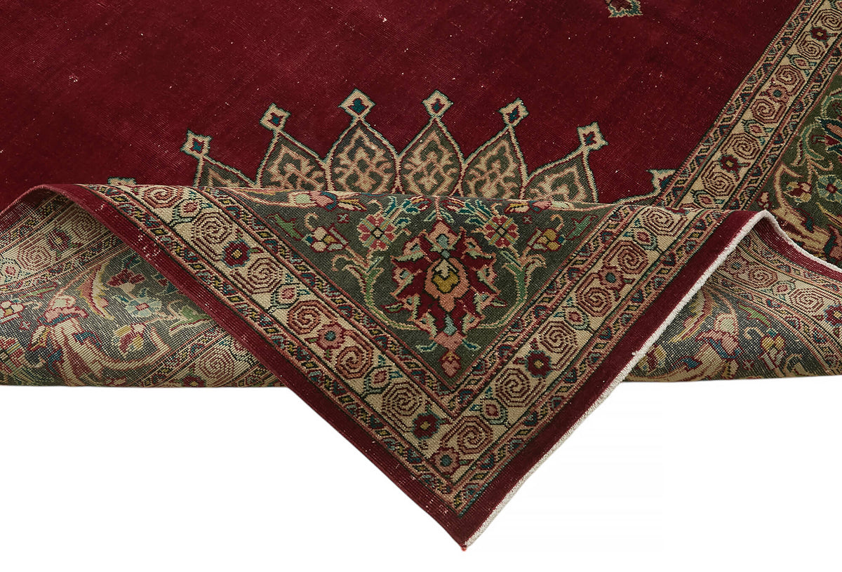 Rusvo Bordo Bej Madalyon Desenli Vintage El Dokuma Halı 290x365 cm – kenar detayı