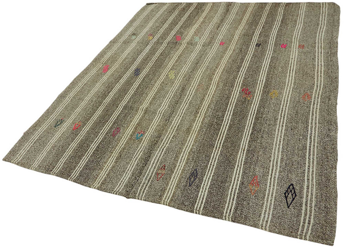 Truvo Gri Çizgili Halı El Dokuma Vintage Kıl Kilim 185x237 cm – doku yakın çekim