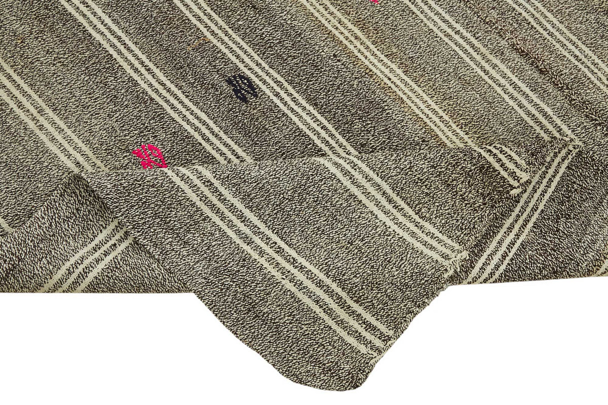 Truvo Gri Çizgili Halı El Dokuma Vintage Kıl Kilim 185x237 cm – kenar detayı