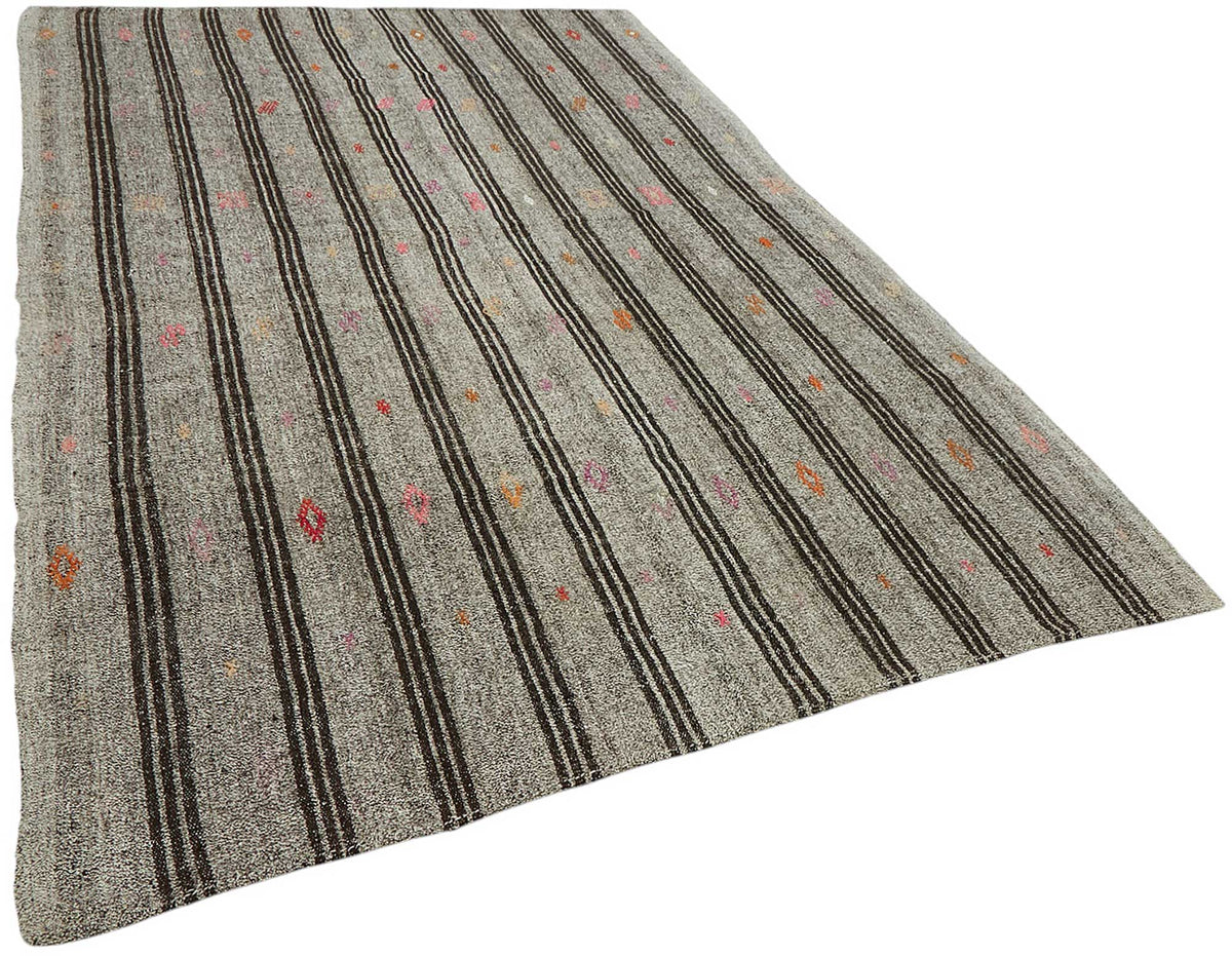 Truvo Gri Siyah Çizgili Keçi Kılı El Dokuma Kilim 186x290 cm – genel görünüm