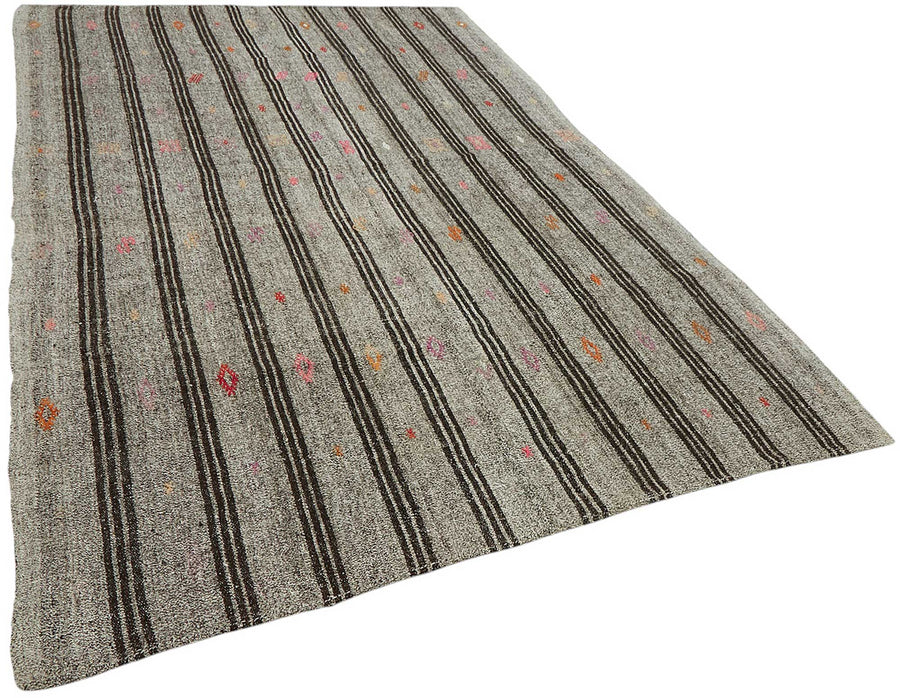 Truvo Gri Siyah Çizgili Keçi Kılı El Dokuma Kilim 186x290 cm – genel görünüm
