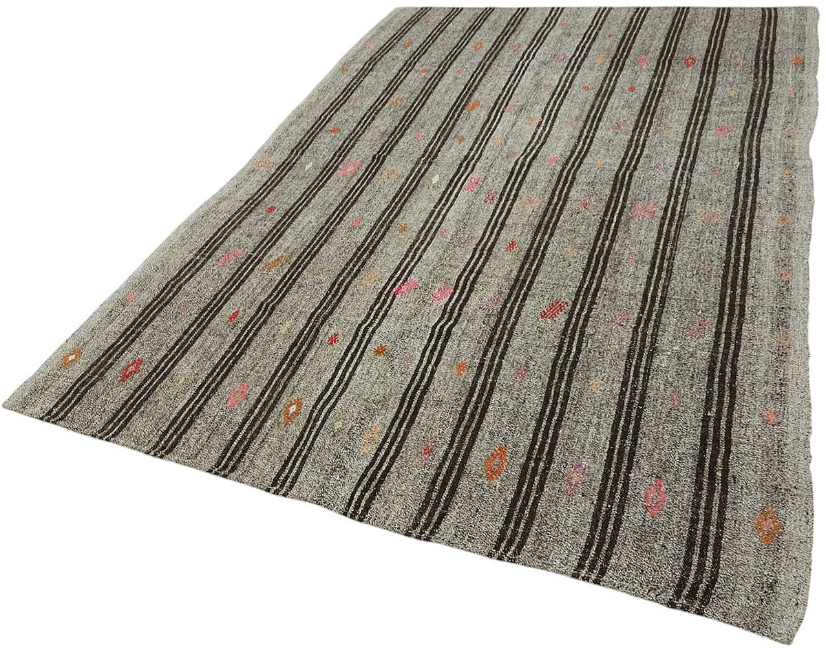 Truvo Gri Siyah Çizgili Keçi Kılı El Dokuma Kilim 186x290 cm – doku yakın çekim