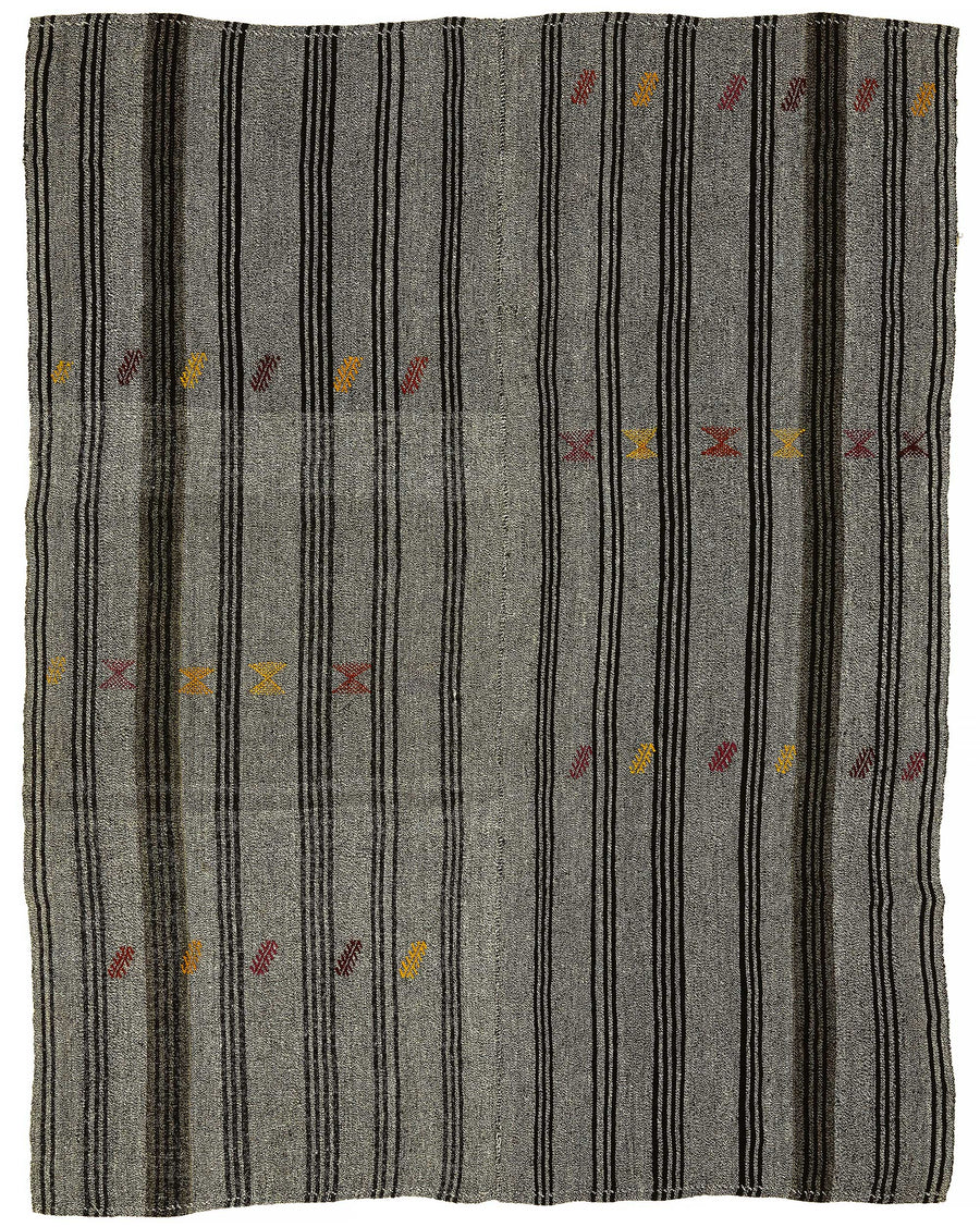 Truvo Siyah Gri Halı Dokusunda Çizgili Keçi Kılı Kilim 203x260 cm