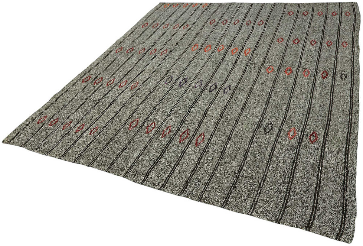 Truvo Gri Siyah Geometrik Desenli Keçi Kılı Kilim 216x263 cm – doku yakın çekim