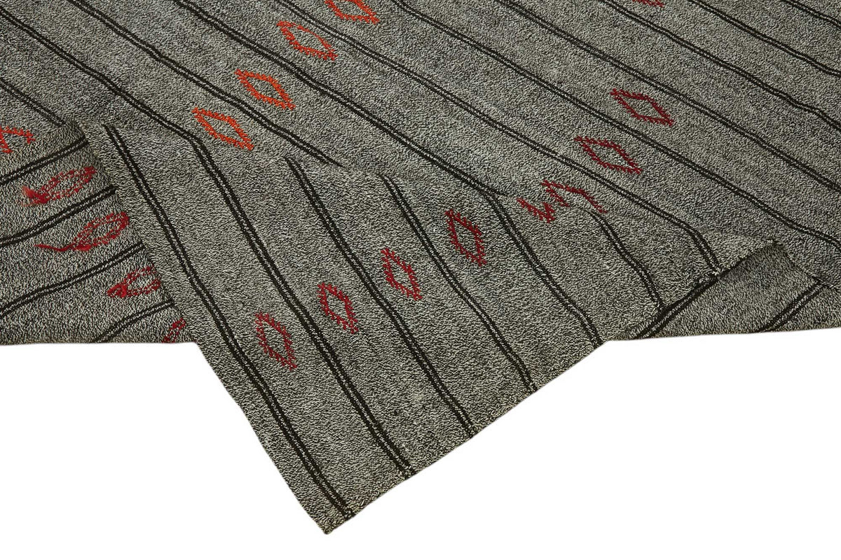 Truvo Gri Siyah Geometrik Desenli Keçi Kılı Kilim 216x263 cm – kenar detayı