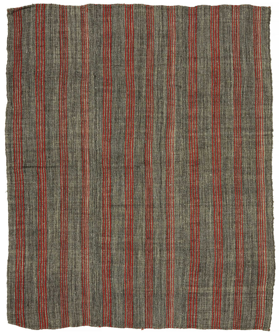 Truvo Gri Kırmızı Çizgili Etnik Keçi Kılı El Dokuma Kilim 205x251 cm
