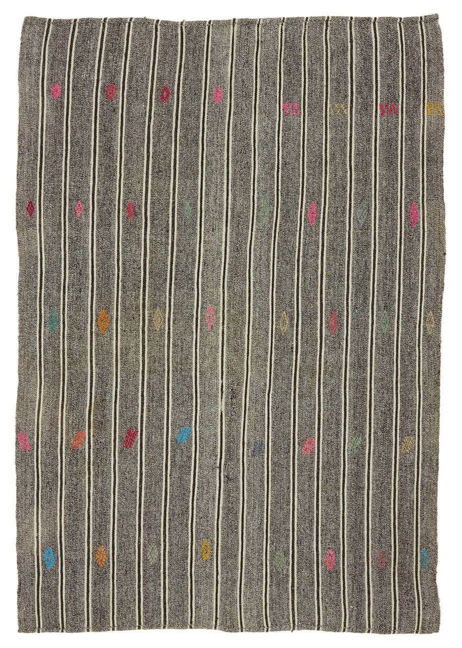Truvo Gri Geometrik Desenli Etnik Keçi Kılı El Dokuma Kilim 163x240 cm