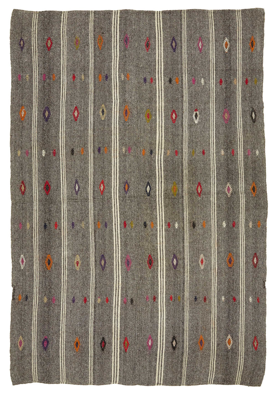Truvo Gri Beyaz Geometrik Etnik El Dokuma Keçi Kılı Kilim 205x295 cm