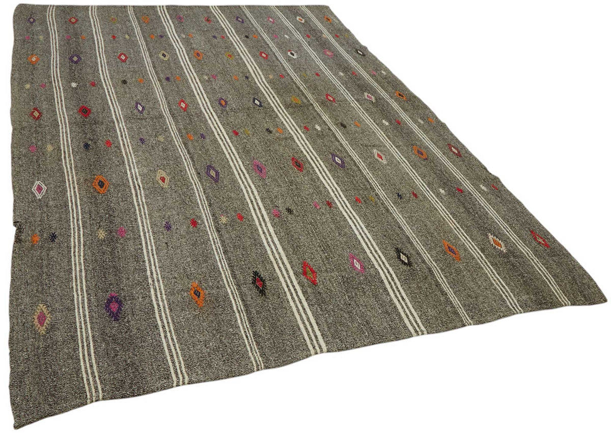 Truvo Gri Beyaz Geometrik Etnik El Dokuma Keçi Kılı Kilim 205x295 cm – genel görünüm