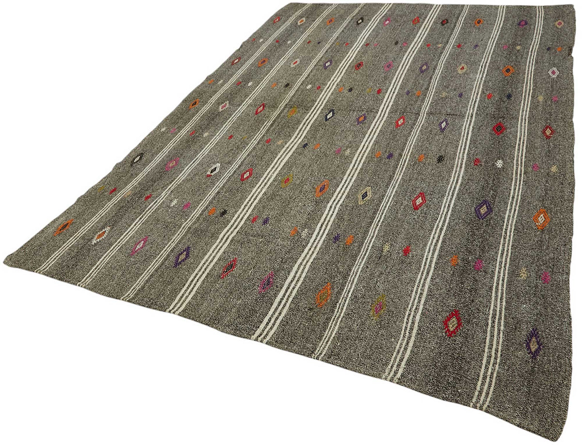 Truvo Gri Beyaz Geometrik Etnik El Dokuma Keçi Kılı Kilim 205x295 cm – doku yakın çekim