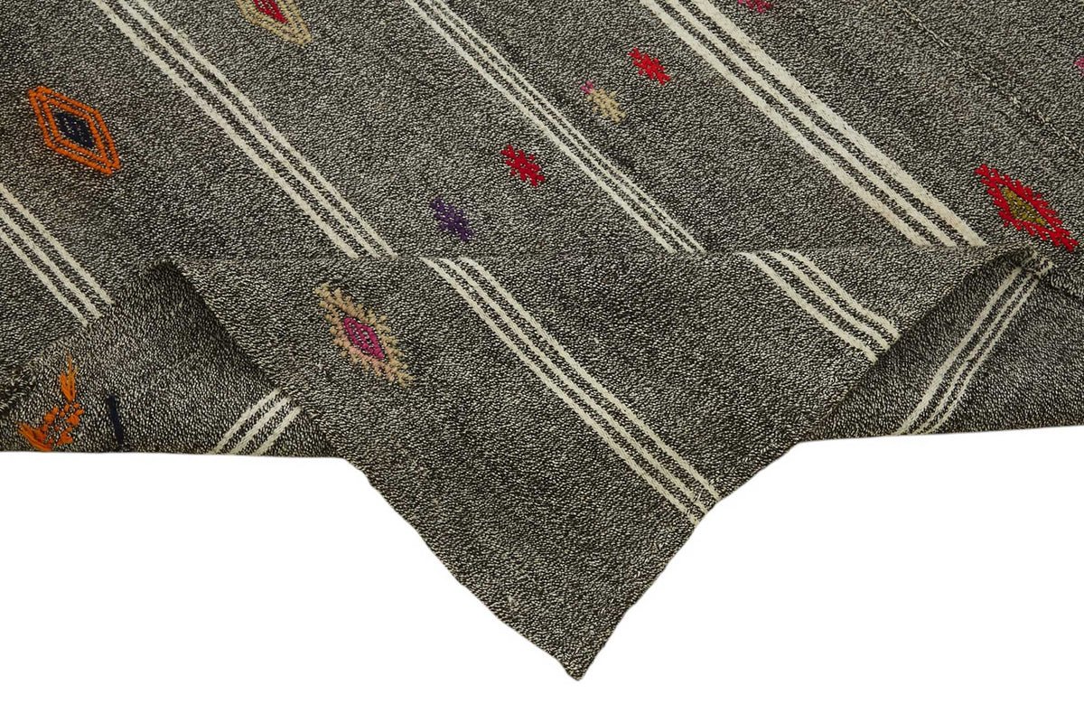 Truvo Gri Beyaz Geometrik Etnik El Dokuma Keçi Kılı Kilim 205x295 cm – kenar detayı