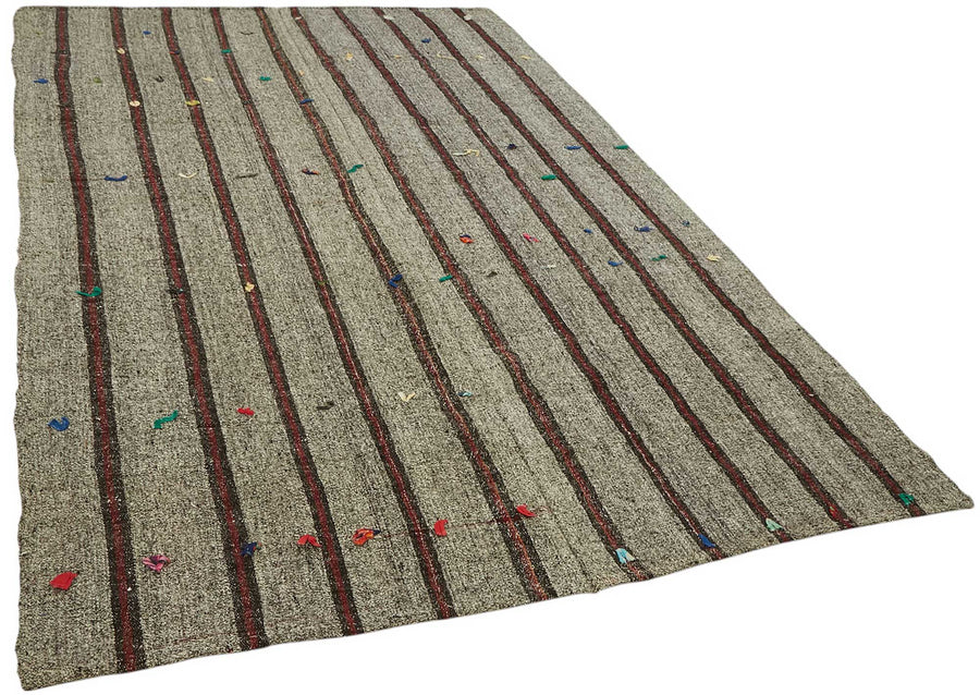 Truvo ストライプ柄 グレー・ボルドーのヴィンテージキリム 193x320 cm 47253 – 全体像