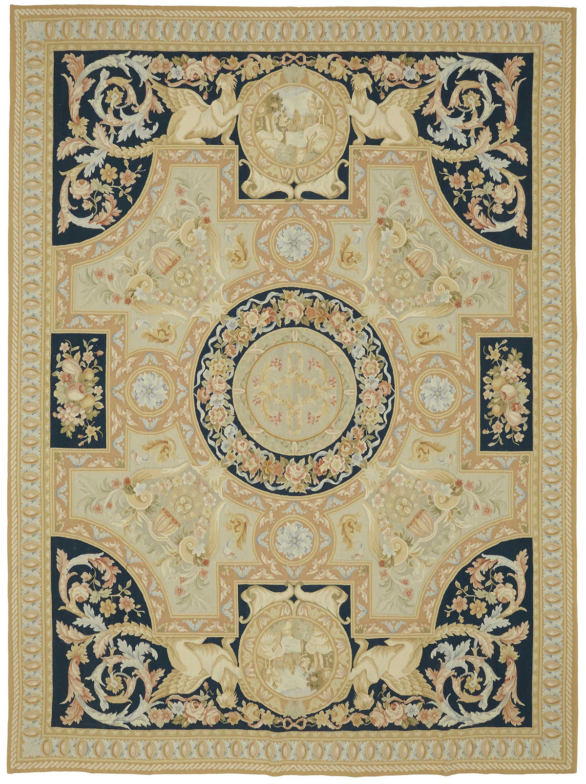 Sivemi Bej Lacivert Kareli Klasik El Dokuma Halı 277x376 cm