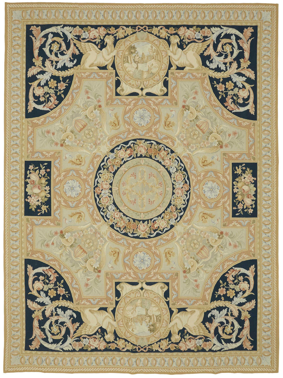Sivemi Bej Lacivert Kareli Klasik El Dokuma Halı 277x376 cm