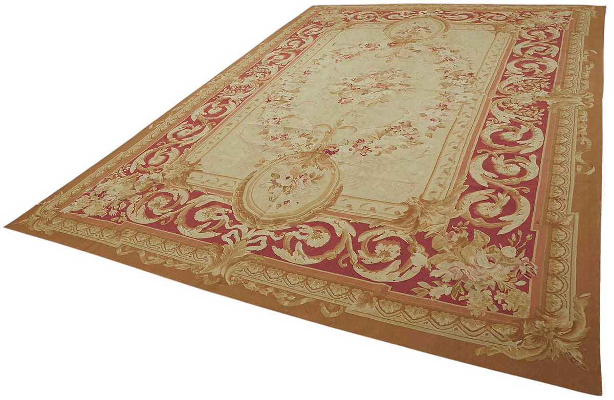 Sivemi Kırmızı Dokuma Çiçekli Vintage Aubusson Halı 300x432 cm – doku yakın çekim