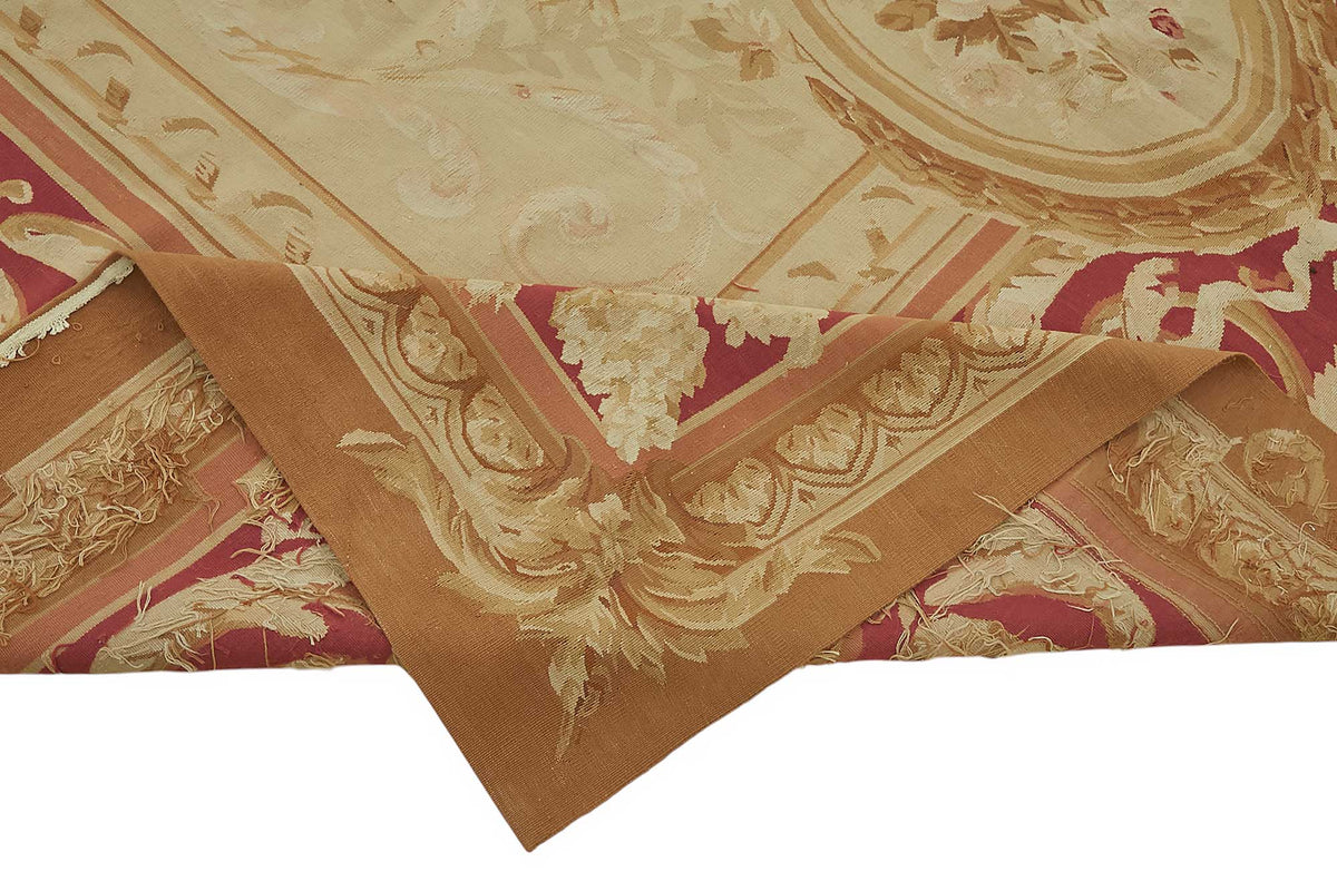 Sivemi Kırmızı Dokuma Çiçekli Vintage Aubusson Halı 300x432 cm – kenar detayı