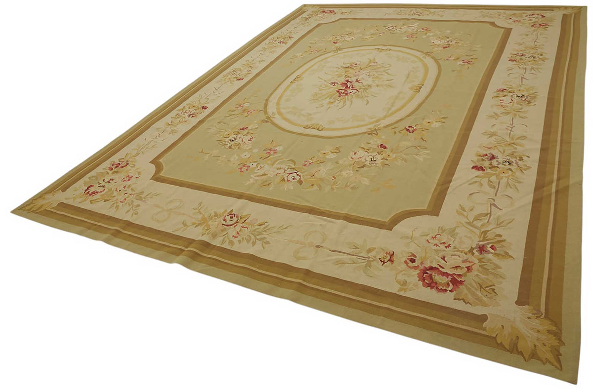 Sivemi Aubusson Bej Yeşil Çiçek Desenli El Dokuma Halı 299x422 cm 47370 – doku yakın çekim