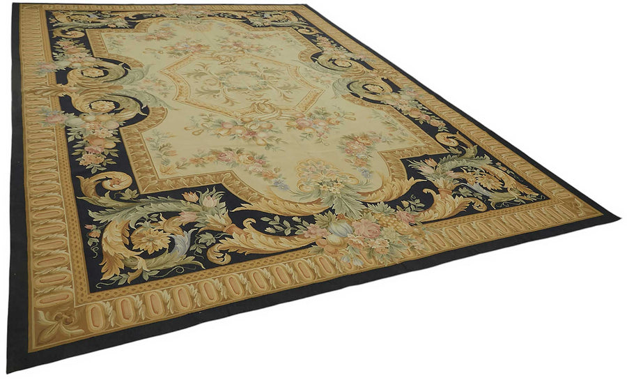 Sivemi Bej Siyah Çiçek Desenli Yün El Dokuma Halı 306x435 cm – genel görünüm