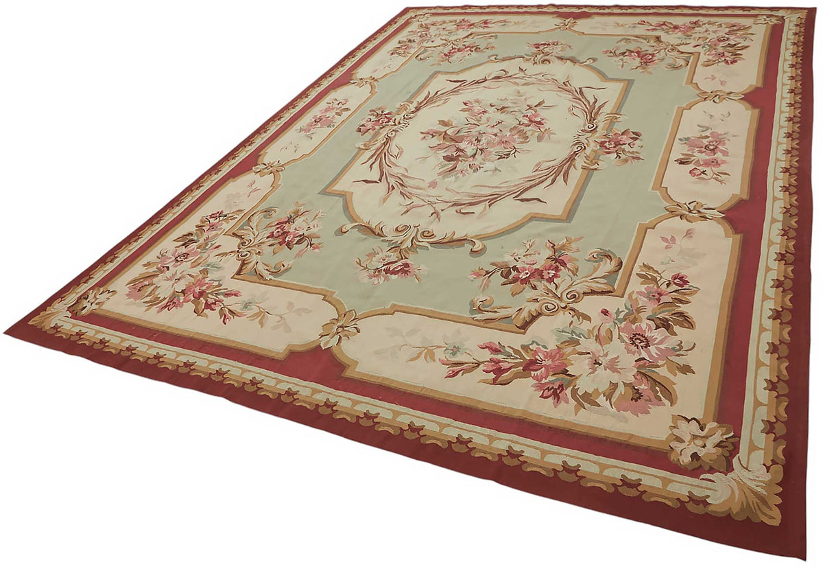 Sivemi Bej ve Yeşil Çiçek Desenli Yün El Dokuma Halı 265x370 cm – doku yakın çekim