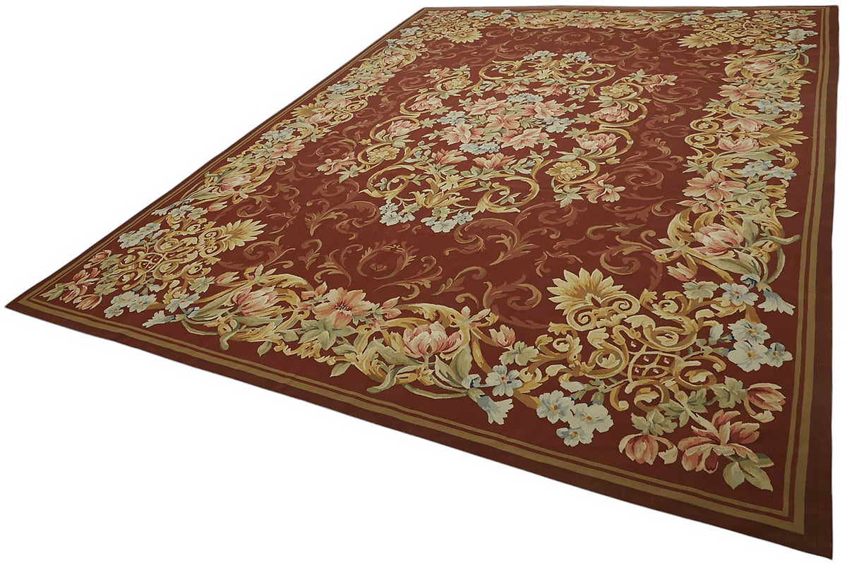 Sivemi Aubusson Kırmızı Çiçek Desenli El Dokuma Halı 302x410 cm – doku yakın çekim