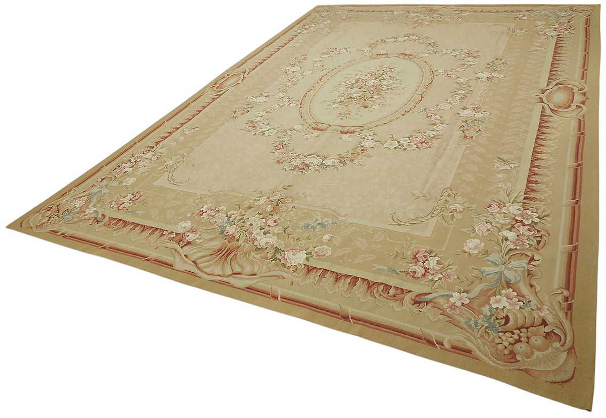 Sivemi Aubusson Bej ve Pembe Çiçek Desenli El Dokuma Halı 298x439 cm 47379 – doku yakın çekim