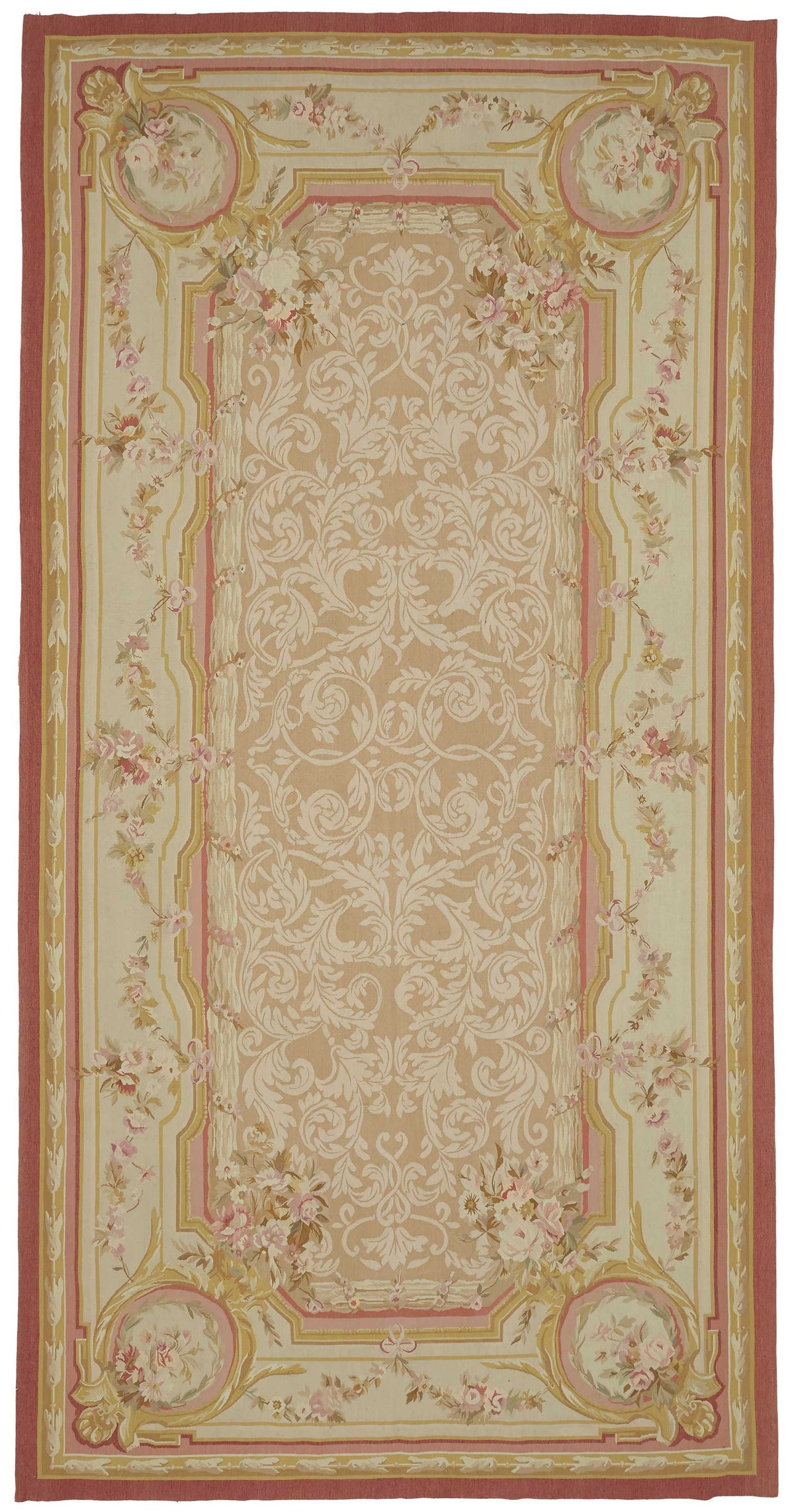 Sivemi Çiçek Desenli Krem Gold ve Pembe Tonlu Bej Halı 201x405 cm