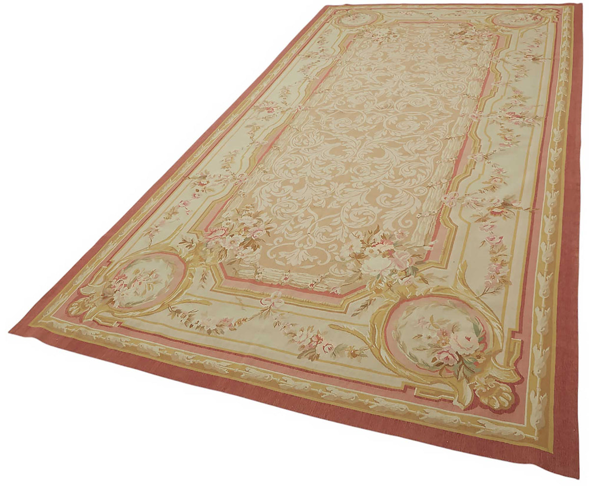 Sivemi Çiçek Desenli Krem Gold ve Pembe Tonlu Bej Halı 201x405 cm – doku yakın çekim