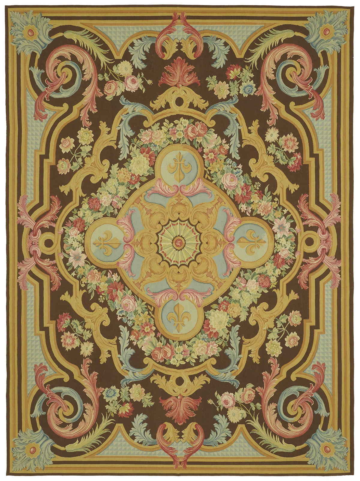 Sivemi Çiçek Desenli Kahverengi Halı Aubusson Dokuma 271x370 cm