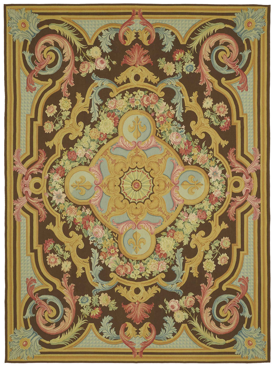 Sivemi Çiçek Desenli Kahverengi Halı Aubusson Dokuma 271x370 cm
