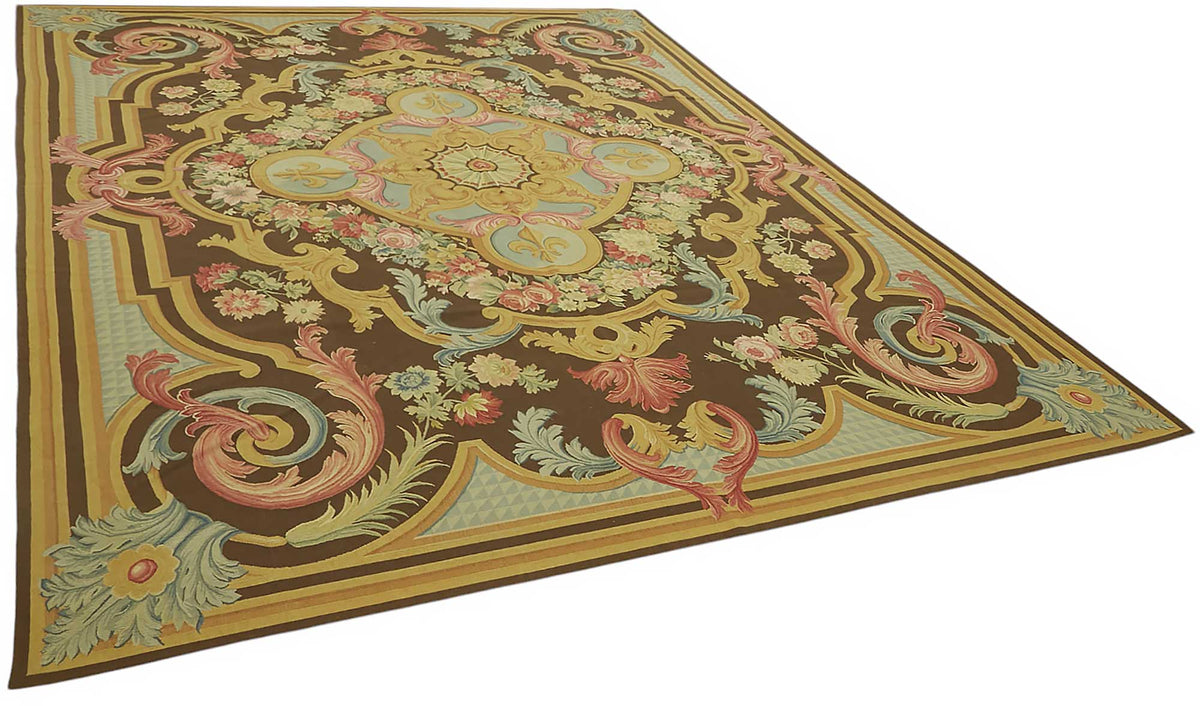 Sivemi Çiçek Desenli Kahverengi Halı Aubusson Dokuma 271x370 cm – genel görünüm