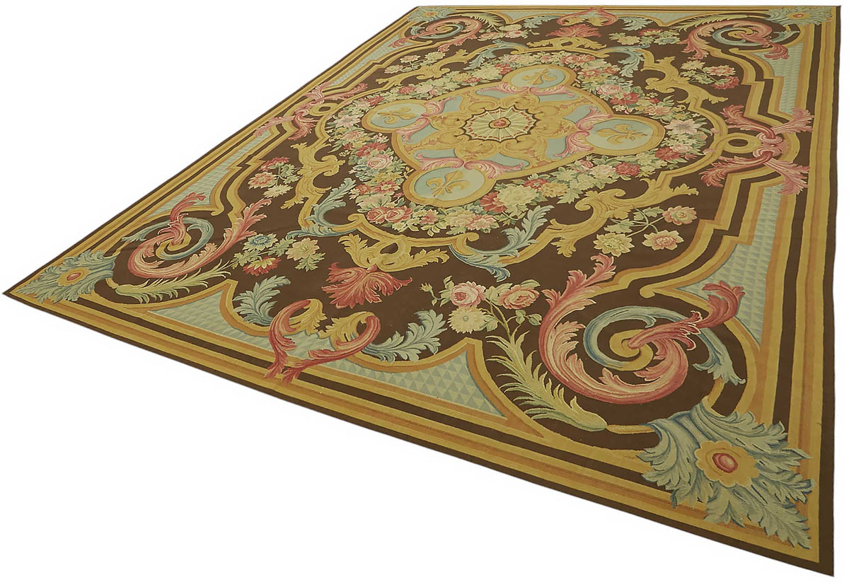 Sivemi Çiçek Desenli Kahverengi Halı Aubusson Dokuma 271x370 cm – doku yakın çekim