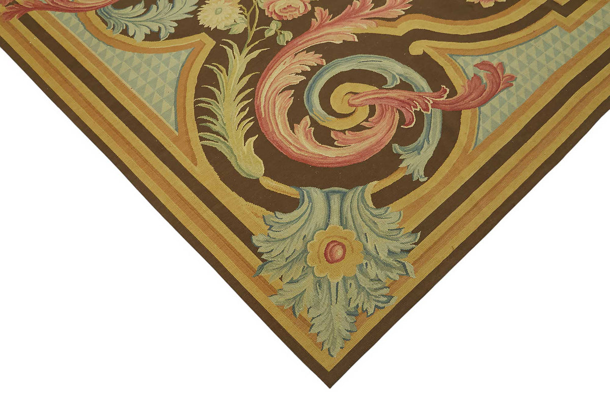 Sivemi Çiçek Desenli Kahverengi Halı Aubusson Dokuma 271x370 cm – detay görünümü