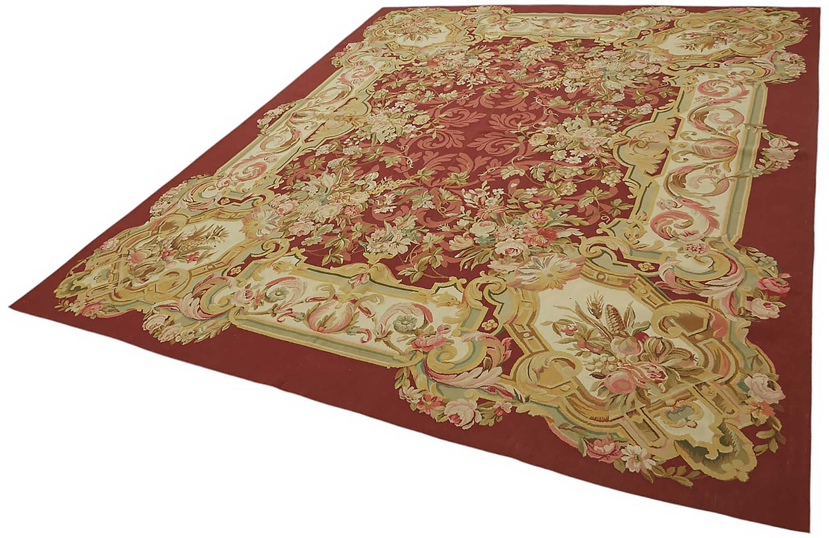 Sivemi Aubusson Bordo Bej Çiçek Desenli El Dokuma Halı 255x310 cm – doku yakın çekim