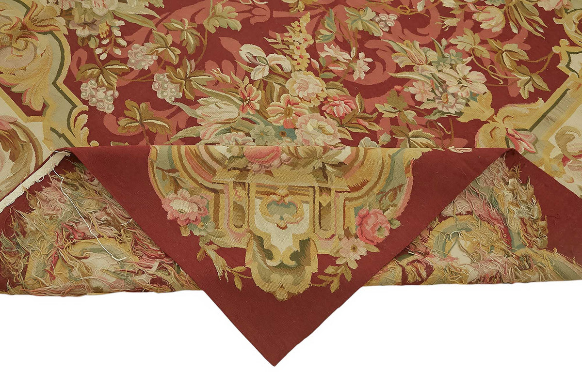 Sivemi Aubusson Bordo Bej Çiçek Desenli El Dokuma Halı 255x310 cm – kenar detayı