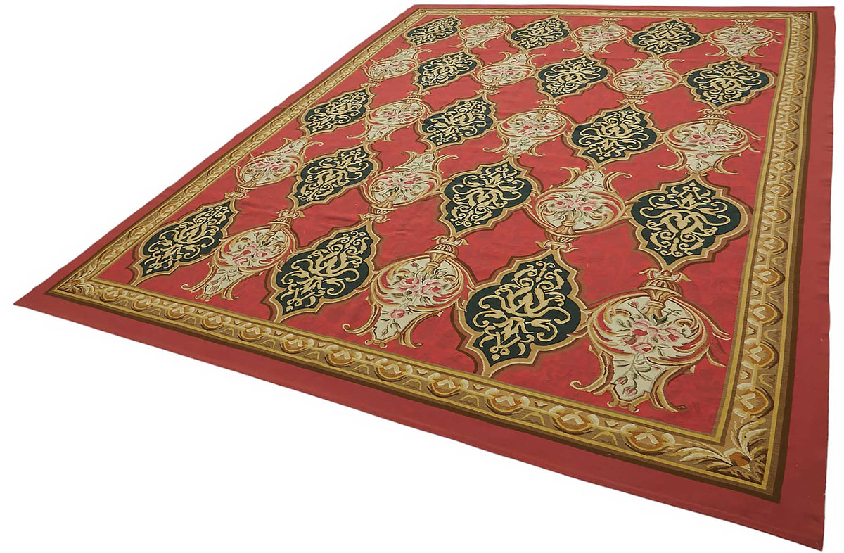 Sivemi Kırmızı Bej Geometrik Desenli El Dokuma Yün Pamuk Halı 272x346 cm – doku yakın çekim