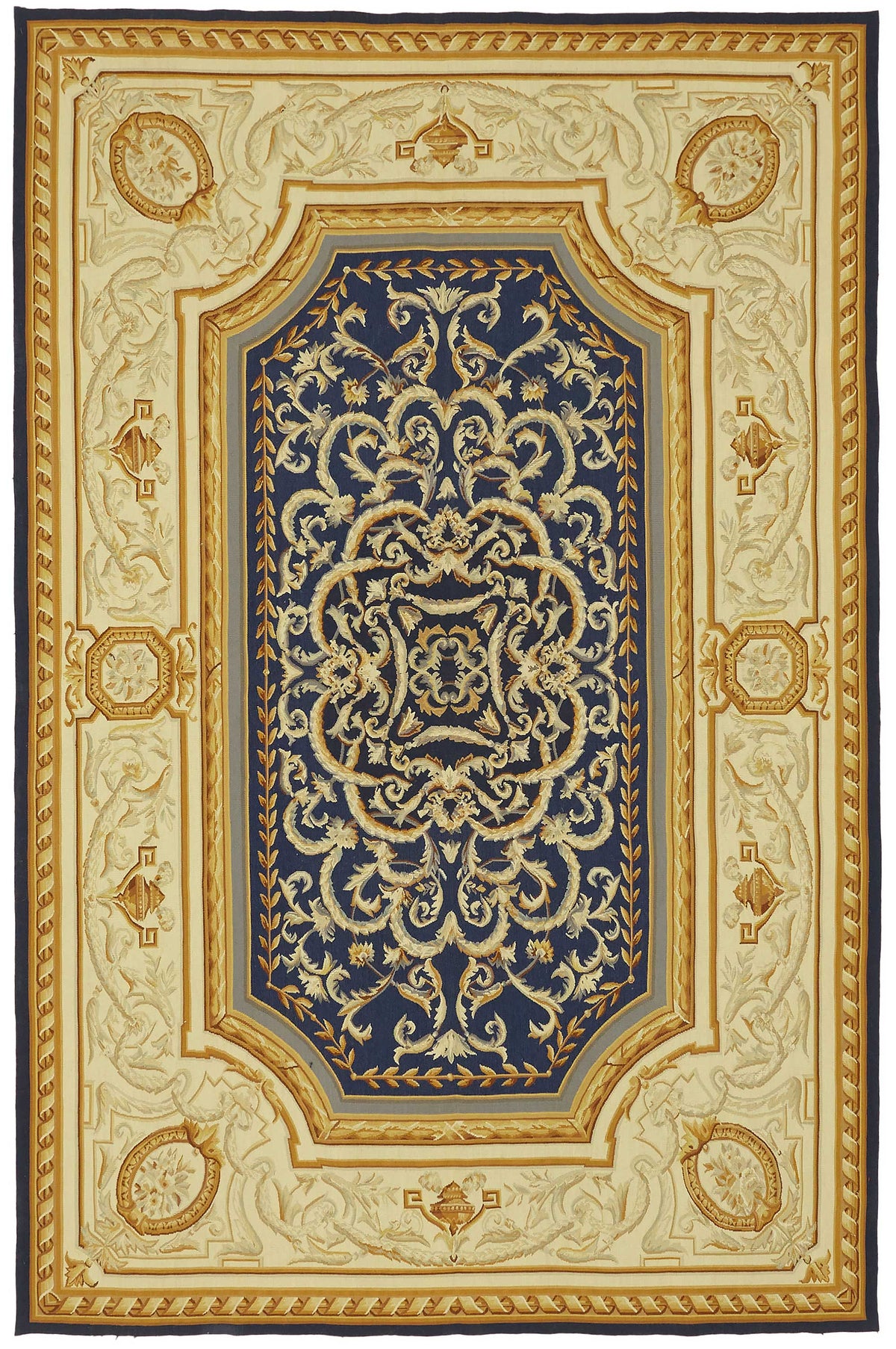 Sivemi Bej Lacivert Madalyon Desenli Kabartmalı Halı 177x267 cm