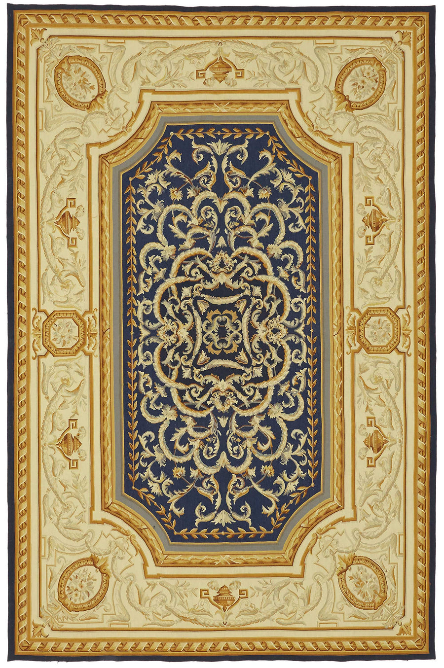 Sivemi Bej Lacivert Madalyon Desenli Kabartmalı Halı 177x267 cm
