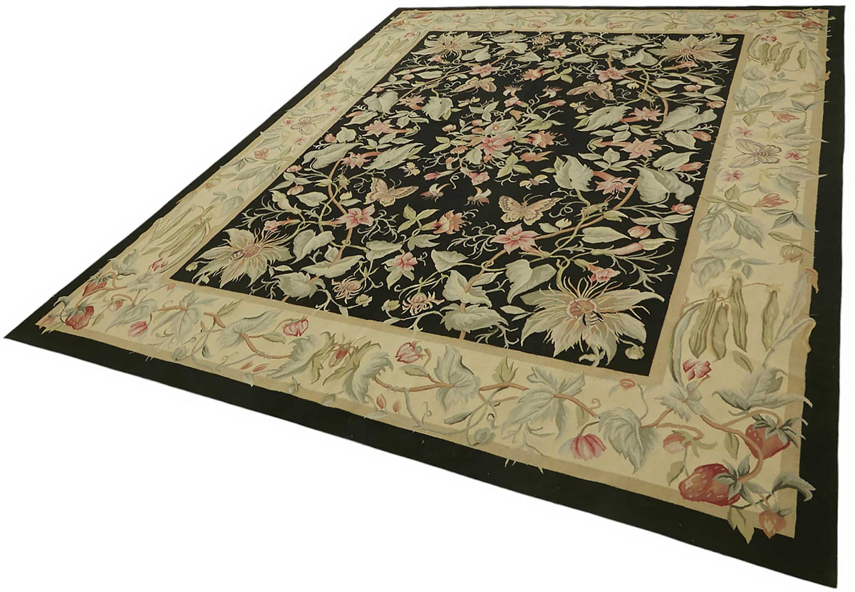 Sivemi Siyah Halı Vintage Çiçek Desenli El Dokuma 242x311 cm 47397 – doku yakın çekim