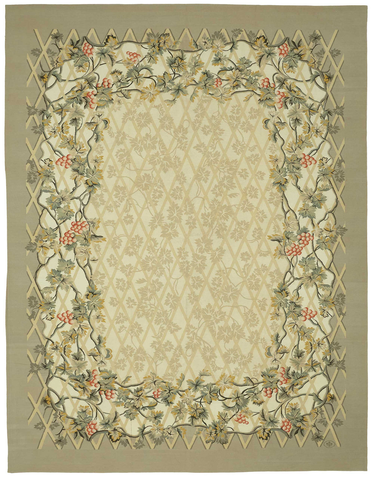 Sivemi Madalyon Desenli Bej ve Yeşil El Dokuma Halı 268x355 cm