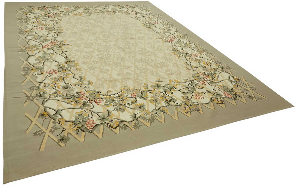 Sivemi Madalyon Desenli Bej ve Yeşil El Dokuma Halı 268x355 cm – genel görünüm
