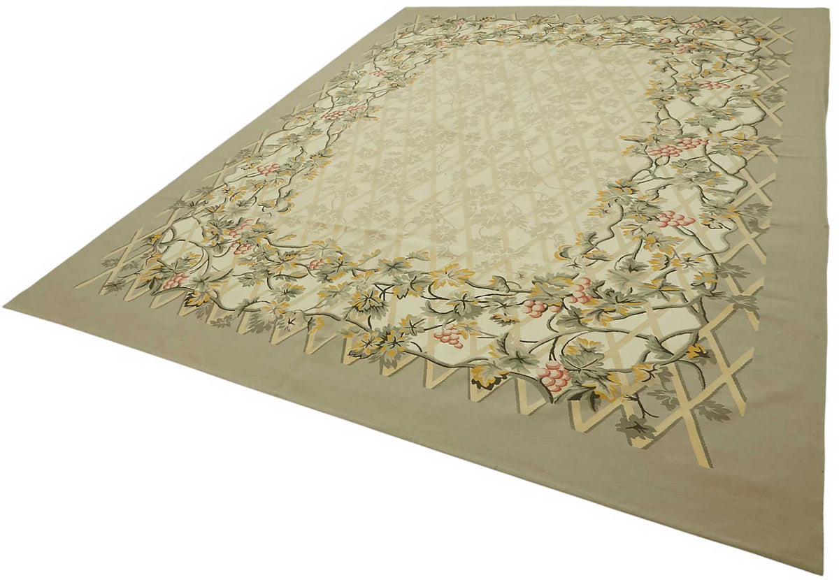 Sivemi Madalyon Desenli Bej ve Yeşil El Dokuma Halı 268x355 cm – doku yakın çekim