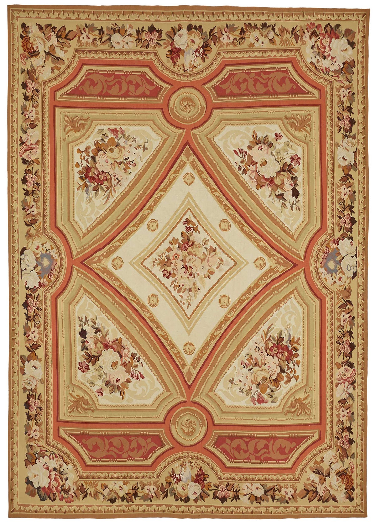 Sivemi Çiçek Desenli Bej Turuncu El Dokuma Aubusson Halı 235x336 cm