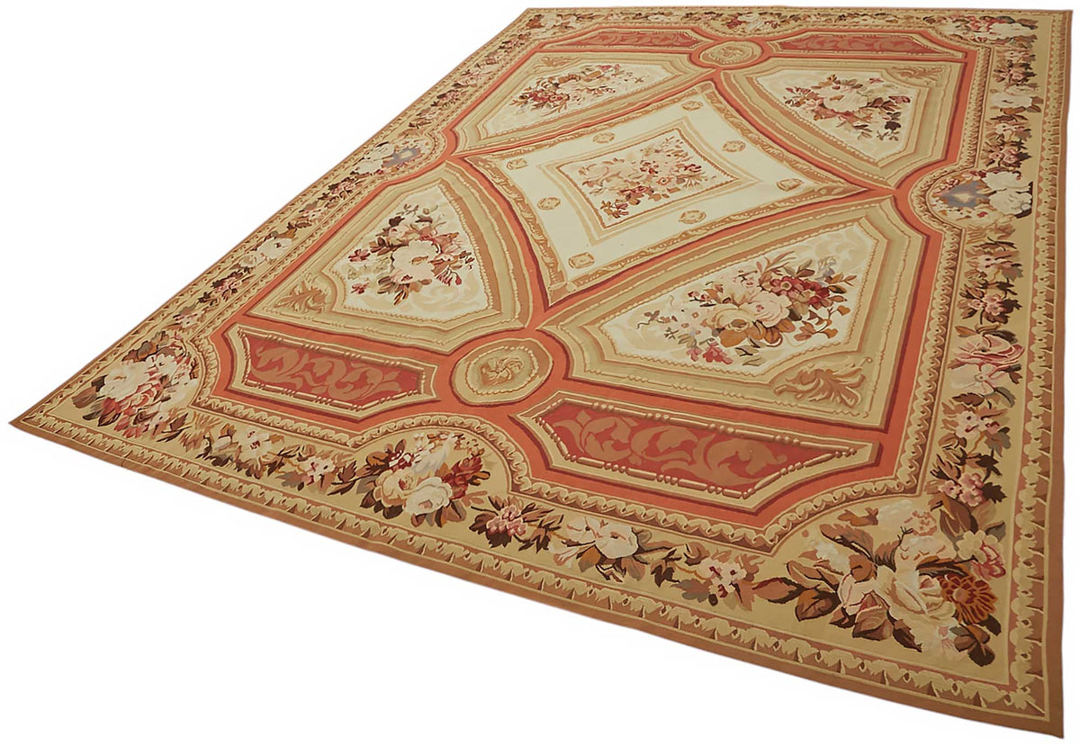 Sivemi Çiçek Desenli Bej Turuncu El Dokuma Aubusson Halı 235x336 cm – doku yakın çekim