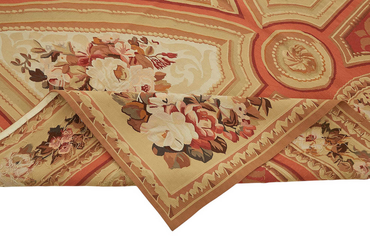 Sivemi Çiçek Desenli Bej Turuncu El Dokuma Aubusson Halı 235x336 cm – kenar detayı